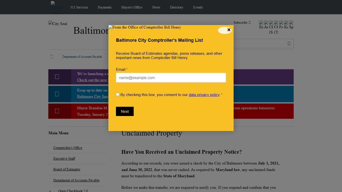 Unclaimed Property Baltimore City Comptroller
