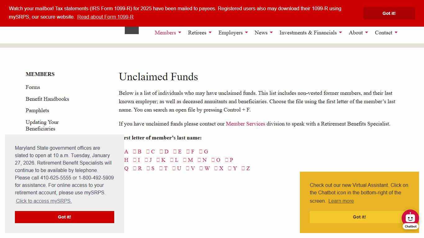 Unclaimed Funds - Maryland State Retirement and Pension System